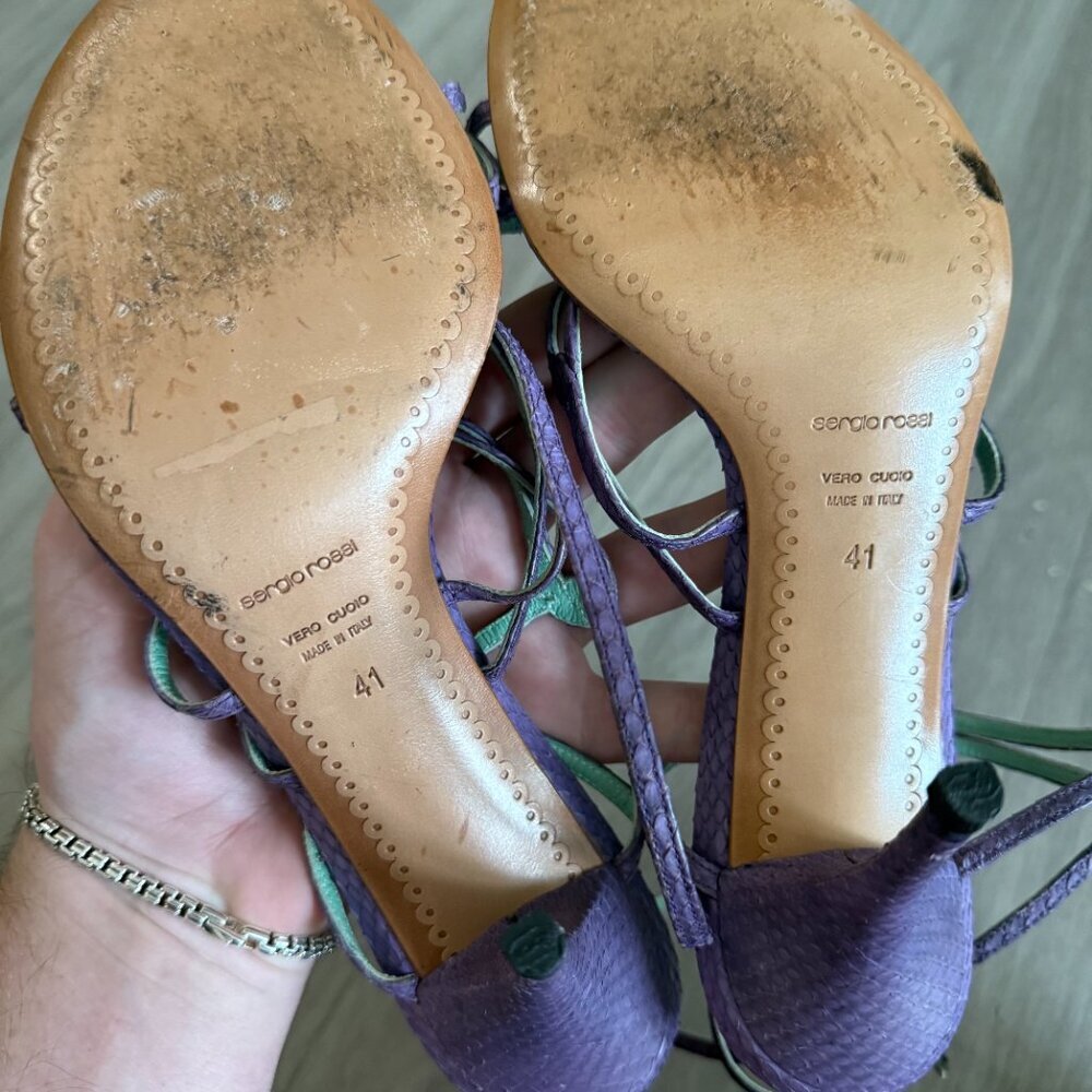 Sergio Rossi Purple Strappy Heels with Mint Green Insole - Picture 6 of 6